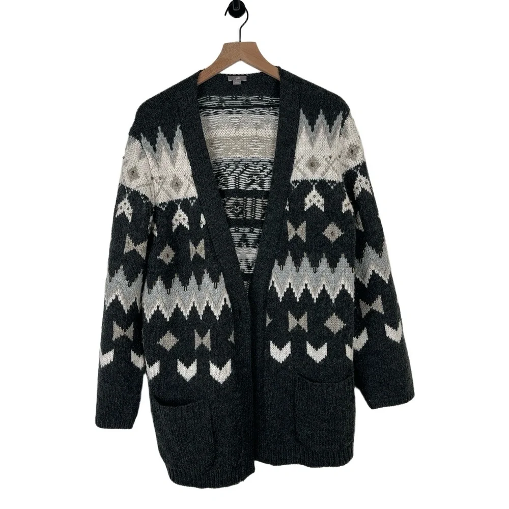 J.Jill Womens Cardigan Size‎ L Gray Fair Isle Beaded Pockets Scandi Coastal Wool